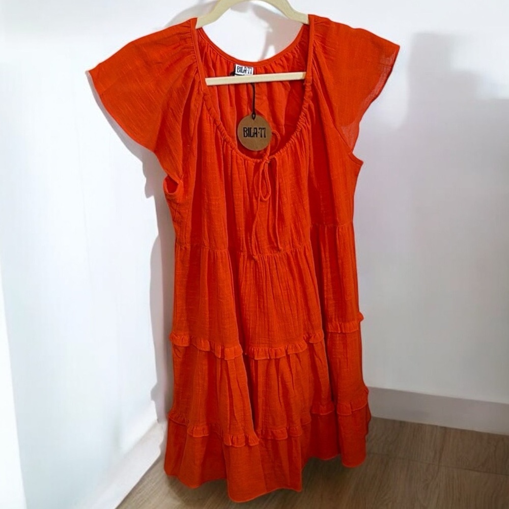 NWT Bila77 orange Darla Knee-Length Sundress with Flutter Sleeves sz S